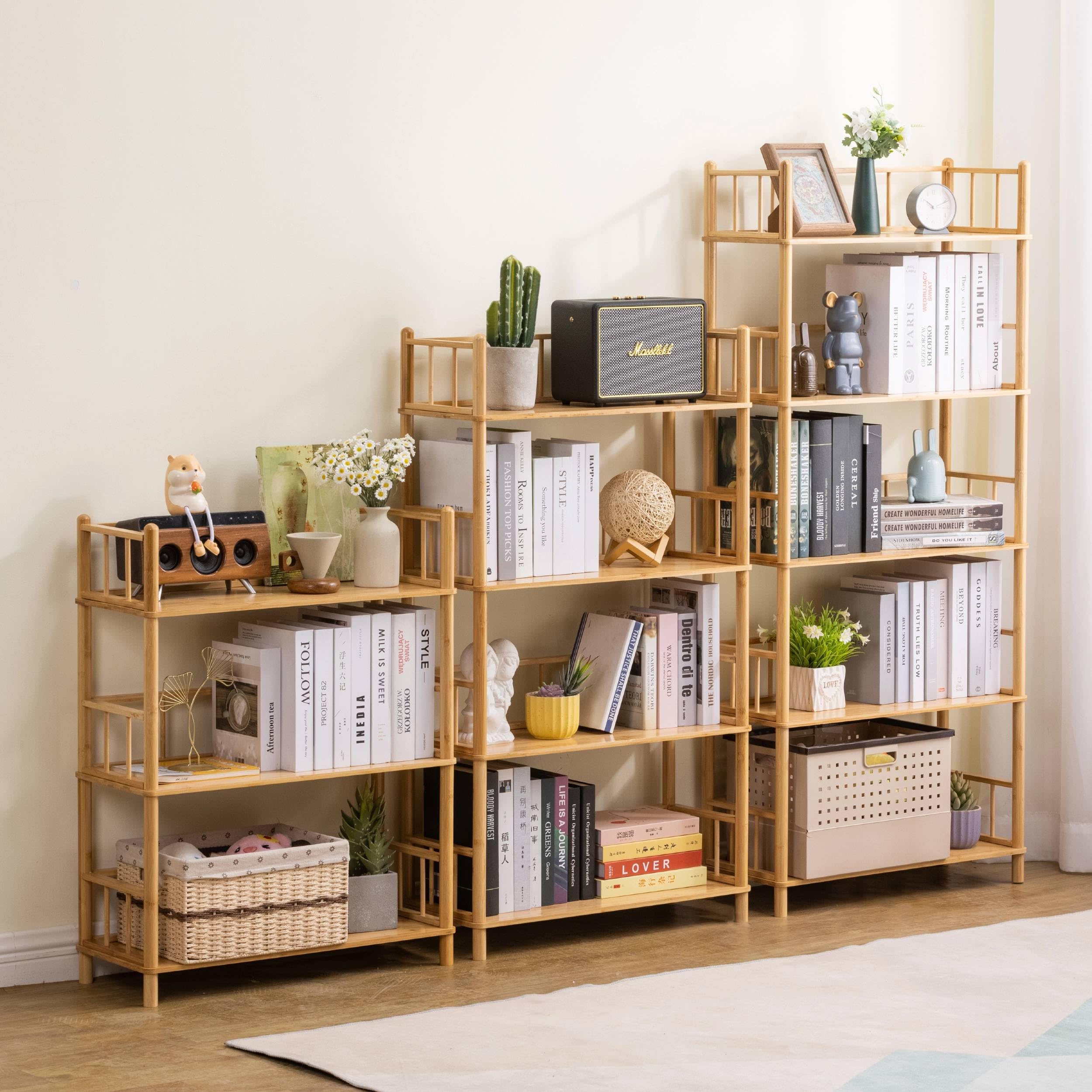 GOGOGO 2-Tier Expandable Bamboo Bookshelf - 150LBS Heavy-Duty, Tool-Free Assembly, Multifunctional Storage for Bathroom/Kitchen/Office Holder Plant Flower Stand (1, Natural, 3-Tier Short)