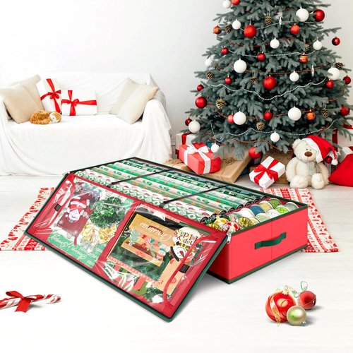 Fabspace Christmas Wrapping Paper Storage Containers - 40 Inch Gift Wrap Organizer with Visible Pockets | Red