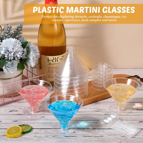 Yinkin 200 Cups and 200 Spoons Plastic Martini Glasses Disposable Cocktail Glasses Mini Martini Plastic Cups Dessert PVC Shot Unbreakable with Spoons for Weddings Party Wine Food (Clear,5 oz)