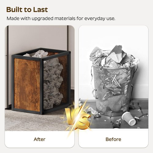 YATINEY Office Trash Can, 4 Gallon Garbage Can, Metal Wastebasket with Wood-Look Panels, Industrial Style Trash Can for Office, Study, Rustic Brown and Black WB03BR