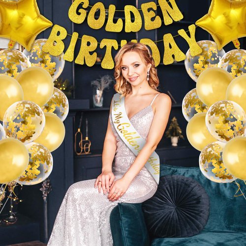 Golden Birthday Party Decorations Kit, It's My Golden Birthday Sash, Banner, Happy Gold Birthday Cake Topper, Fringe Curtain, Balloons for Women Men Gold Birthday Party Supplies