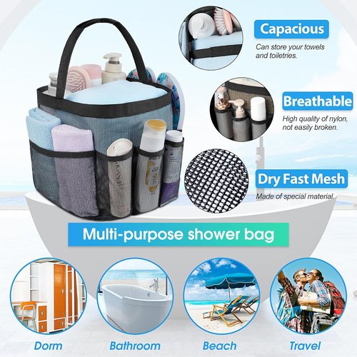 Attmu Mesh Shower Caddy - Portable Dorm Room Organizer with 8 Pockets | Quick-Dry Bathroom Bag
