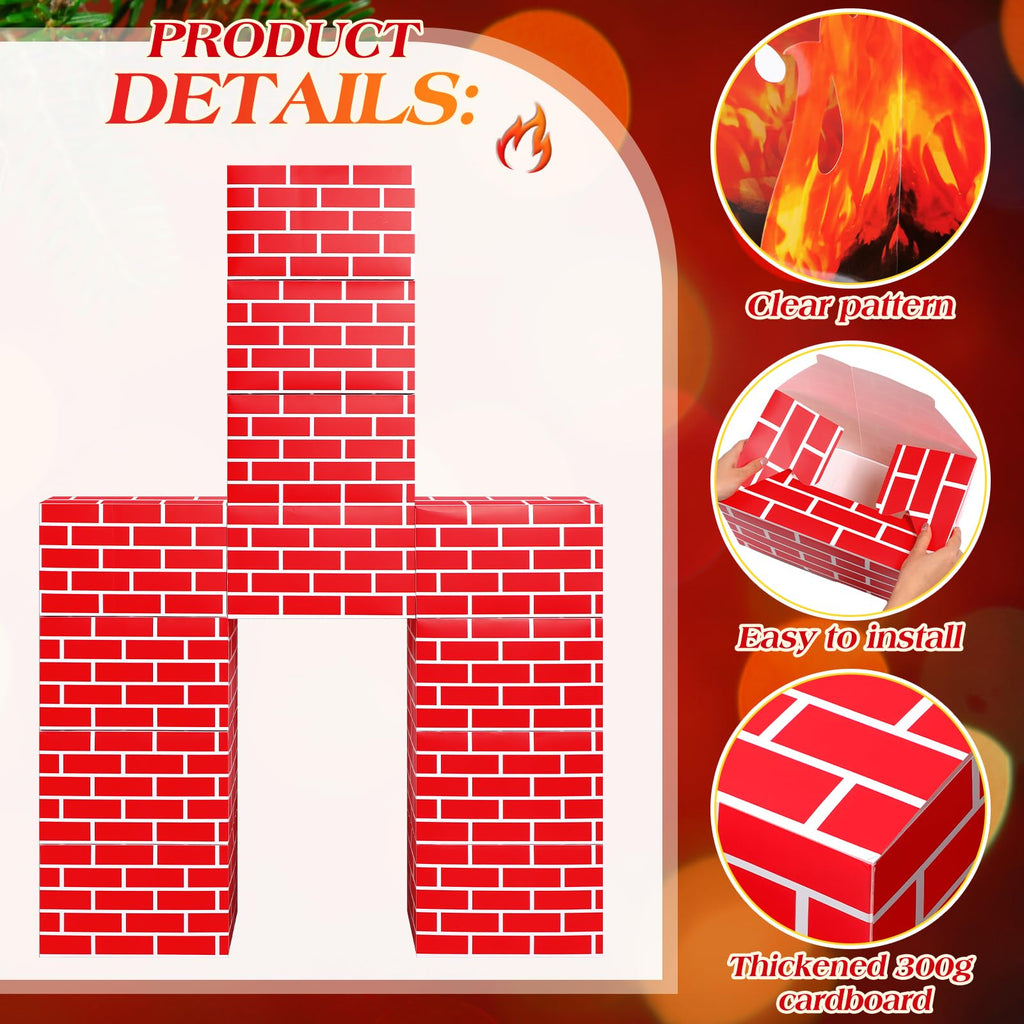Fullhawl 13 Pcs 3D Winter Cardboard Fireplace 39 x 59 Inch DIY Winter Artificial Fireplace with 3D Fire Flame Prop Fake Fire Place Backdrop for Xmas Party Background Decoration(Red Brick)