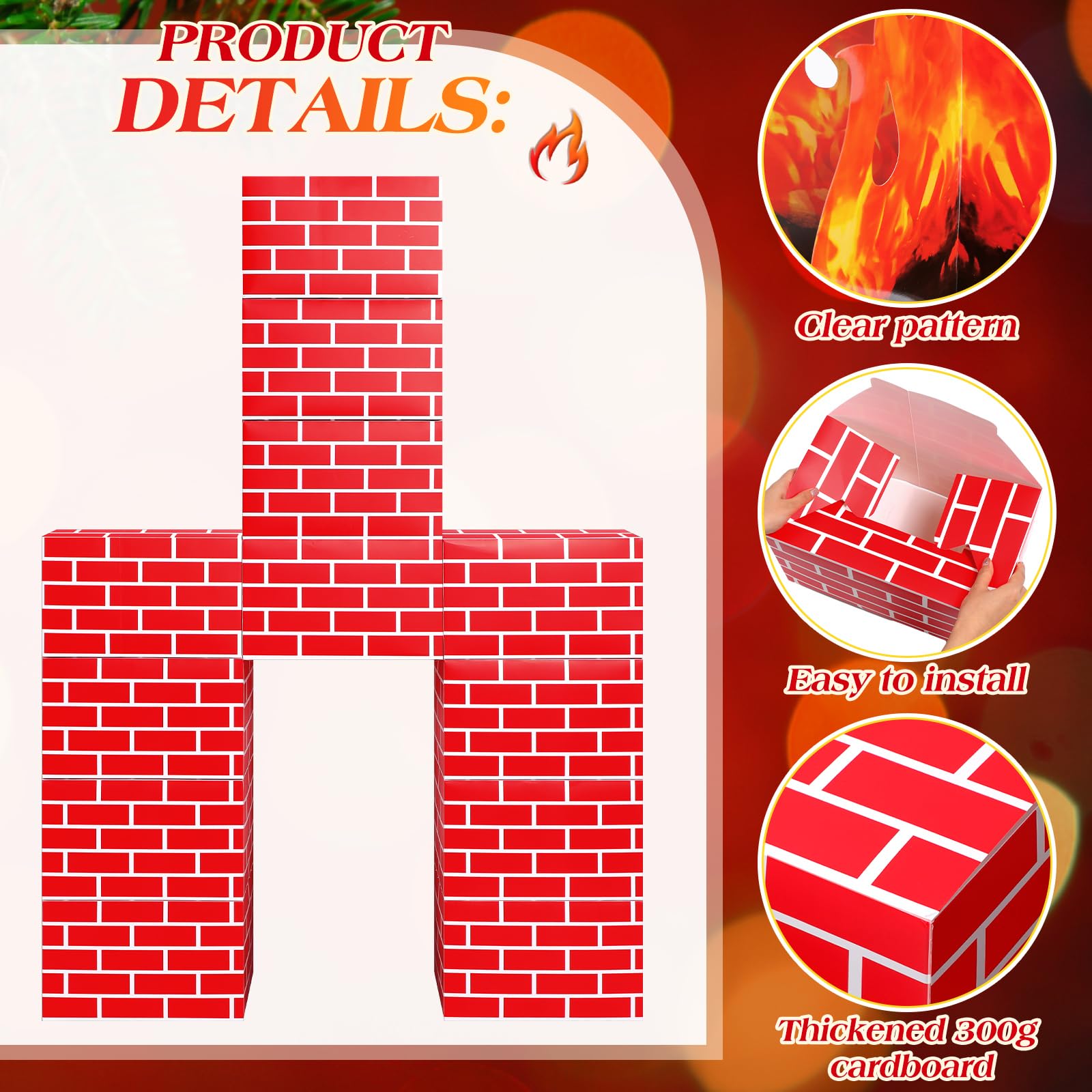 Fullhawl 13 Pcs 3D Winter Cardboard Fireplace 39 x 59 Inch DIY Winter Artificial Fireplace with 3D Fire Flame Prop Fake Fire Place Backdrop for Xmas Party Background Decoration(Red Brick)