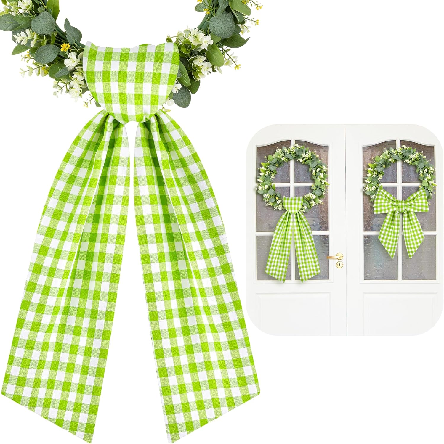 Regine Switzerland Spring Wreath Sash - 56 Inch Green & White Plaid for Holiday Decor | Indoor & Outdoor Use
