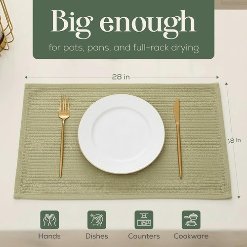 MosJos Kitchen Towels, Cotton Hand Towels, Sage Green and Cream Ribbed - Mini Weaved Stitched Set of 4 Absorbent Hand Drying Cloths, 18 x 28 Kitchen Linens