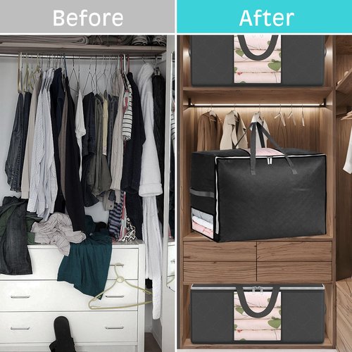 6Pack 105L Extra Large Blanket Comforter Storage Bags, Foldable Storage Bags for King Comforter Bedding Pillow Sheet Clothes with Handles Zippers Clear Window Closet Organizers and Storages, Black