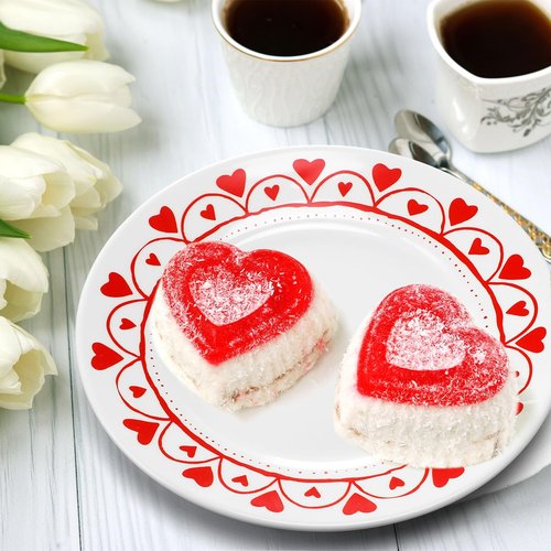 Jinei Set of 8 10 Inch Valentine's Day Ceramic Flat Plates Red White Heart Dining Serving Plates Round Dessert Salad Dish Set Gift for Valentine's Day Wedding Anniversary Party Decoration