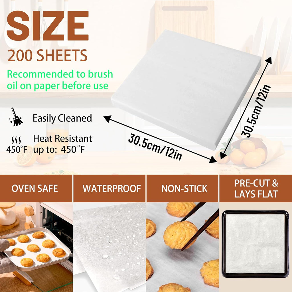 Skiennix Parchment Paper Sheets - 200 Pcs Food Grade Non-Stick Baking Liners | 12x12 Inch White