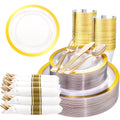 Liacere 350PCS Clear Gold Plastic Plates for 50 Guests Dinnerware Include 100 disposable Plates 150 Gold Silverware 50Napkins for Party & Wedding