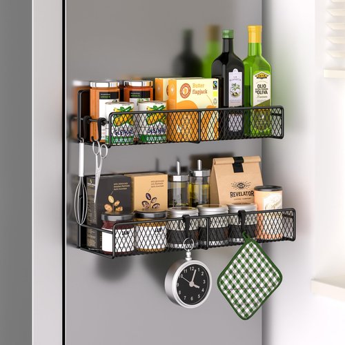 Magnetic Spice Rack for Refrigerator, 2 Pack 100% Metal Strong Magnet Shelf Black, Moveable Spice Organizer with Hooks, Magnetic Fridge Shelf for Kitchen Home Laundry Room Organization and Storage