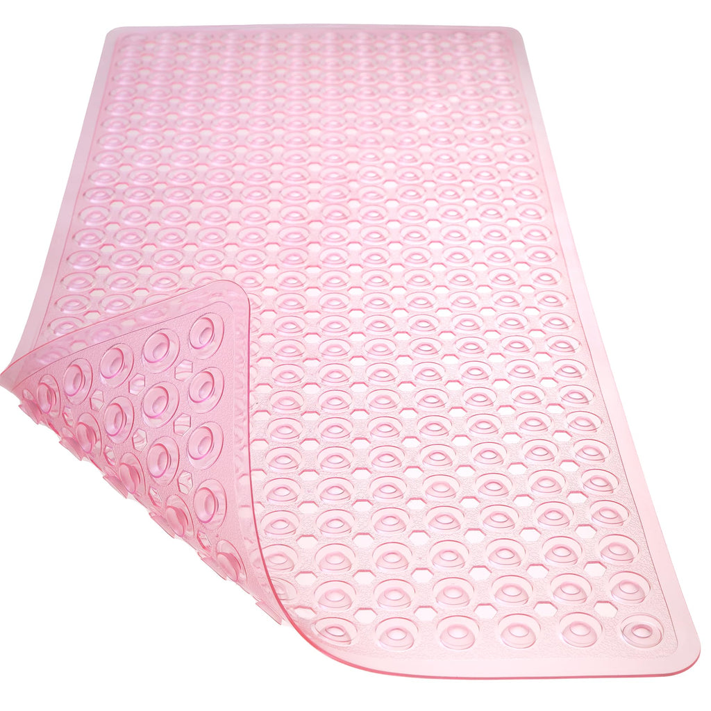 TEESHLY Bath Mat for Tub & Shower, Non Slip Soft Bathmat with Suction Cups & Drain Holes, Machine Washable Bathtub Floor Liner Mats for Bathroom, 35x16 Inch, Clear Pink
