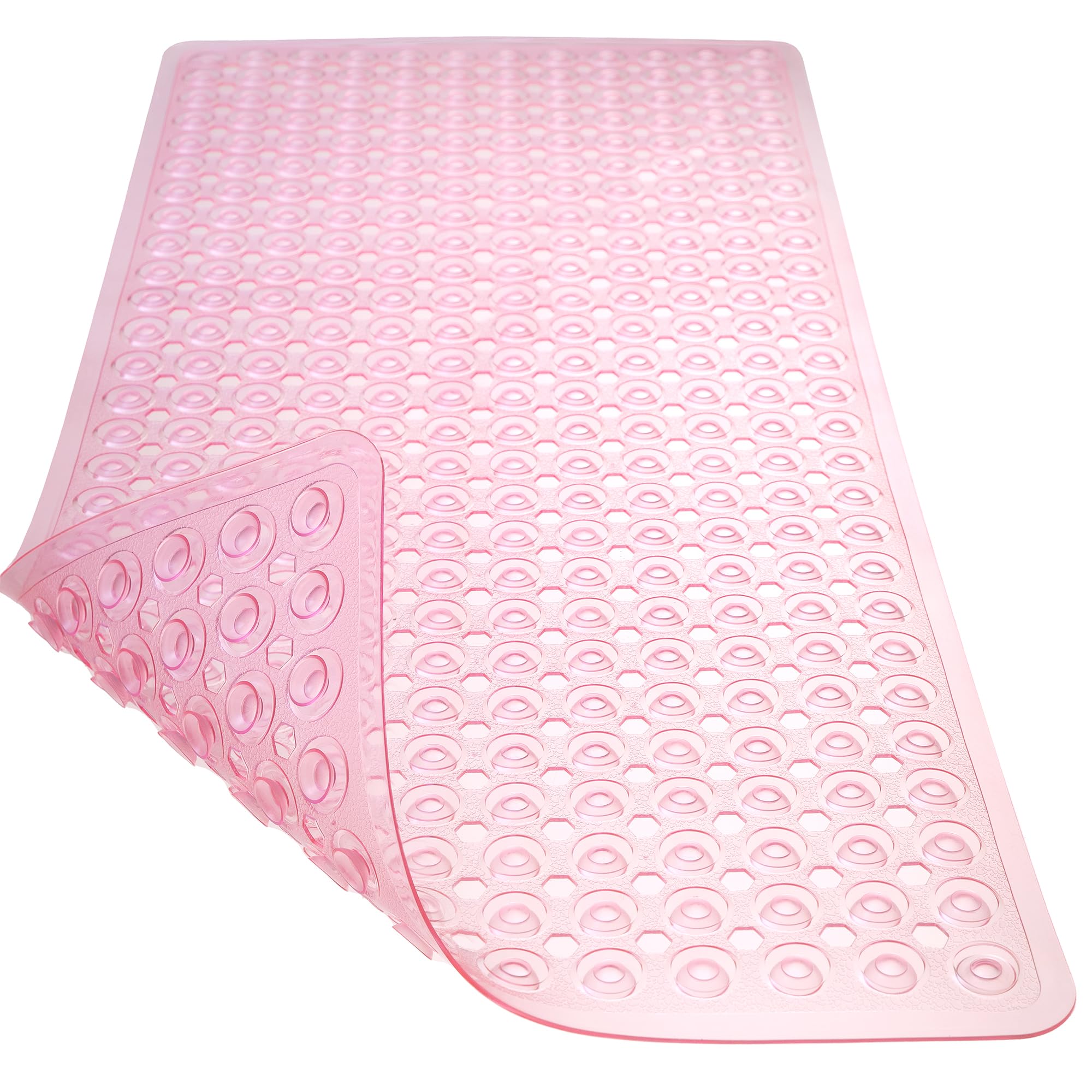 TEESHLY Bath Mat for Tub & Shower, Non Slip Soft Bathmat with Suction Cups & Drain Holes, Machine Washable Bathtub Floor Liner Mats for Bathroom, 35x16 Inch, Clear Pink