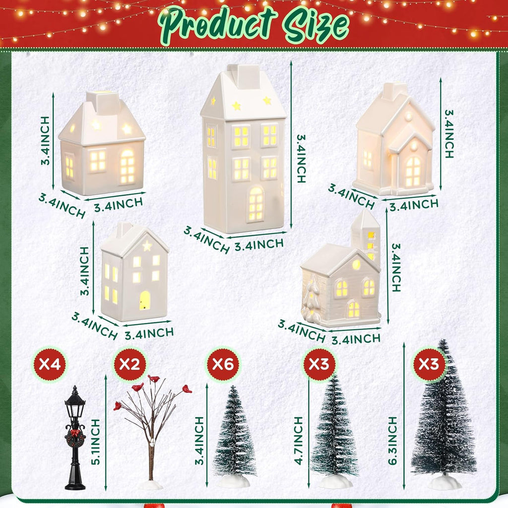 WinnerWhy Christmas Village House Set - 24 Pcs LED Lighted Mini Ceramic Ornaments for Festive Decor