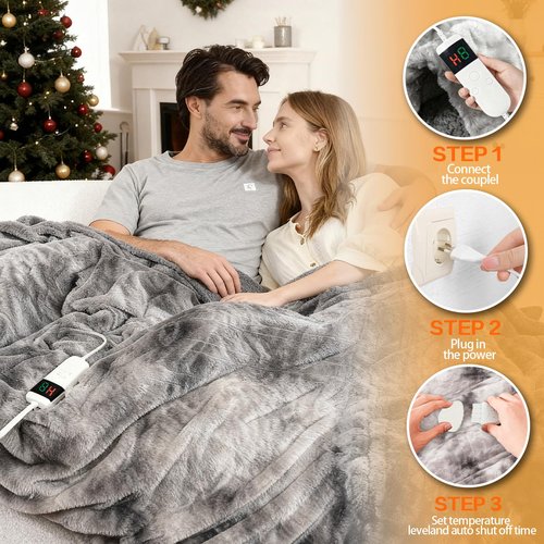 Cushious Electric Heated Blanket Throw 50''x60''Size Faux Fur Heating Blanket 10 Heating Settings, 1-8h Timer & Overheat Protection, Machine Washable, Soft Flannel and Sherpa Full Body Warmth
