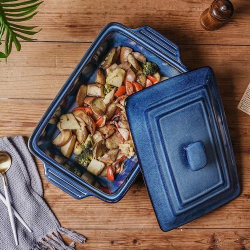 KOOV Ceramic Casserole Dish - Covered Rectangular Lasagna Pan for Cooking | 9 x 13 Inches, Nebula Blue