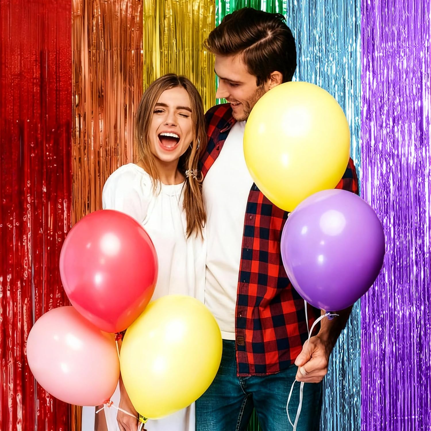 Skiennix Rainbow Backdrop - Colorful Tinsel Curtain Party Streamer for Birthdays & Events | 5 Pack
