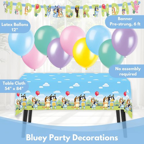 Bluey Birthday Decorations Girl includes 16 Plates, Napkins, Banner, Tablecloth, Balloons, Sticker - Bluey Party Decorations - Officially Licensed