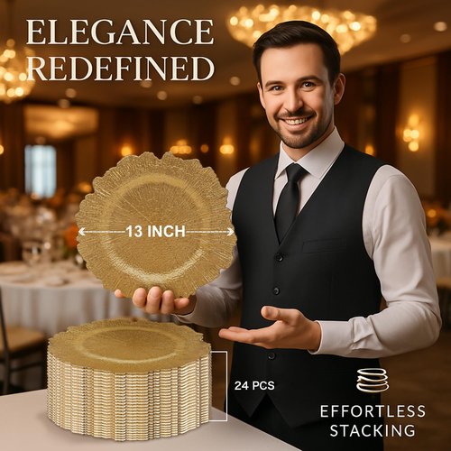 JEVERGN 24 Pack Gold Charger Plates, 13'' Reef Chargers for Dinner Plates, Gold Plate Chargers Set of 24, Round Plastic Charger for Wedding, Party Event, Dinner, Table Setting