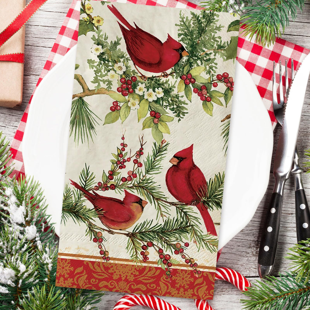 JarThenaAMCS 80Pcs Christmas Paper Guest Napkins Vintage Cardinal Bird Berry Bathroom Napkins Xmas Winter Disposable Guest Hand Towel Napkin for Home Party Supplies