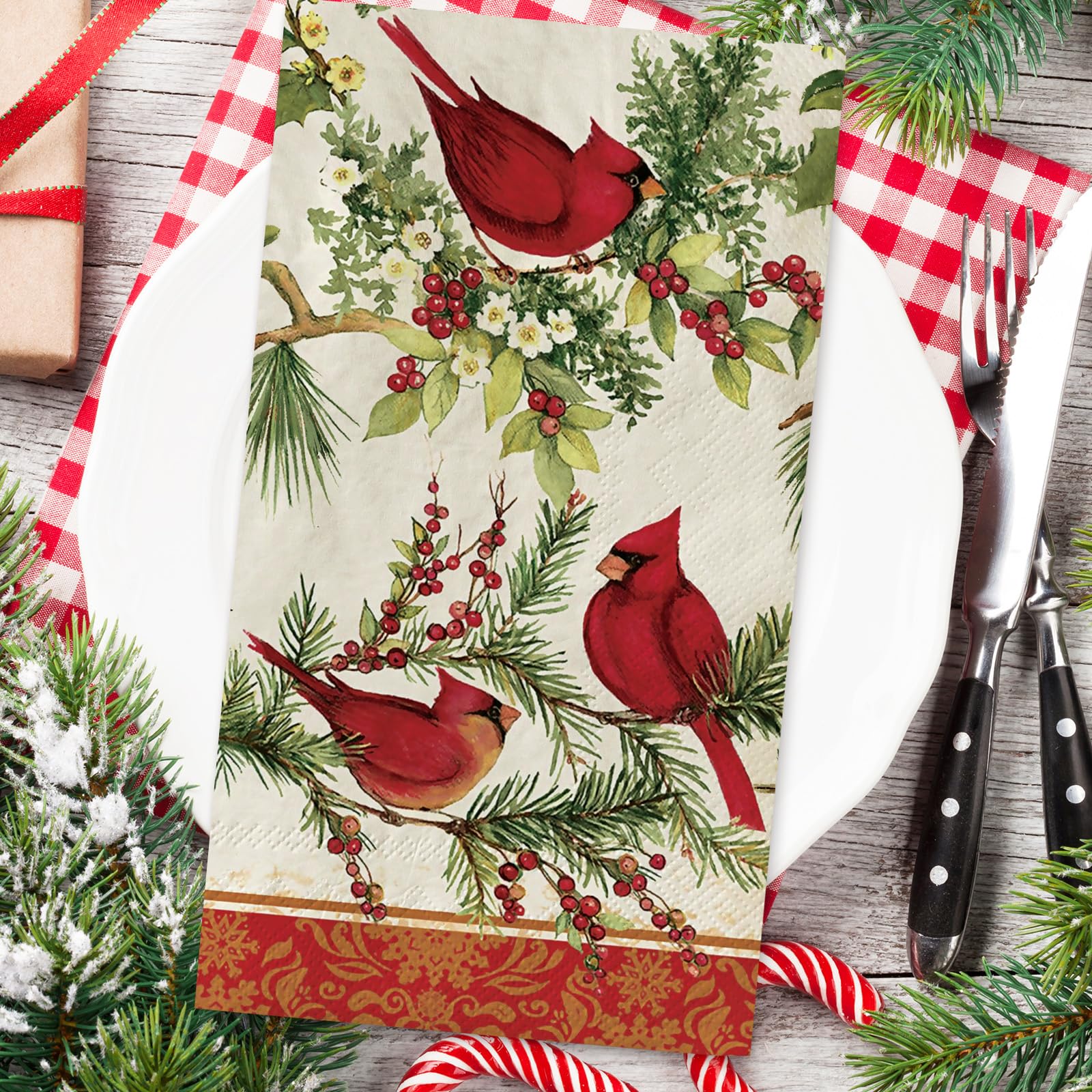 JarThenaAMCS 80Pcs Christmas Paper Guest Napkins Vintage Cardinal Bird Berry Bathroom Napkins Xmas Winter Disposable Guest Hand Towel Napkin for Home Party Supplies