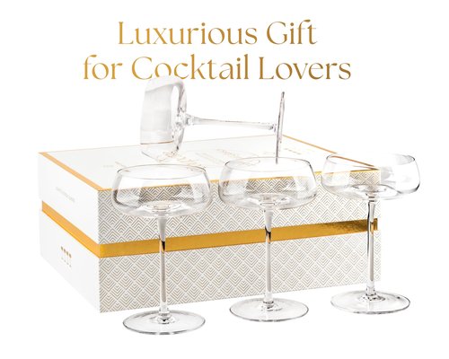 GLASSIQUE CADEAU Crystal Cocktail and Champagne Coupette Glasses | Set of 4 | 9 oz Elegant Long Stemmed Coupe Glassware for Gimlet, Espresso Martini, Daiquiri, Cosmopolitan | Fancy Round Saucers