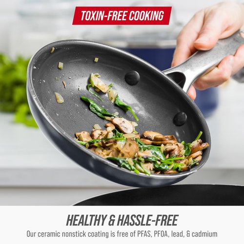 Blue Diamond Frying Pan 8” Skillet, Diamond Infused Healthy Ceramic Nonstick, PFAS and PFOA-Free, Dishwasher and Oven Safe, Even Heating, Metal Utensil Safe, Warp Control Base, Grey