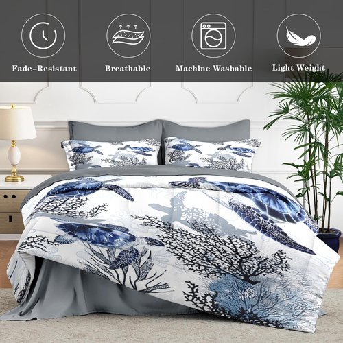 WeCozy 7 Pcs Queen Size Comforter Set with 2 Pillowcases & 2 Shams, Ocean Sea Coral Bedding for Kids and Adults, Blue Animal Turtle Bed in a Bag with Flat Fitted Sheet