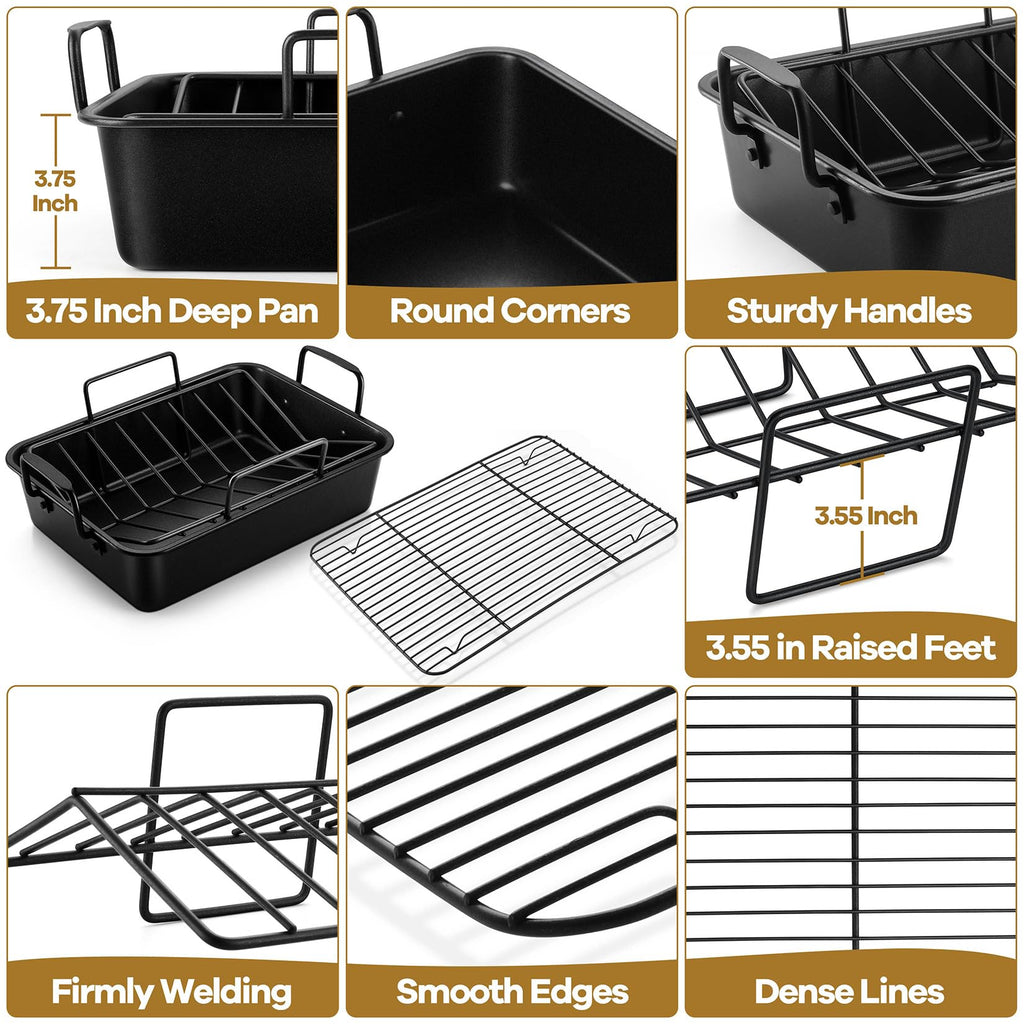 P&P CHEF 16" Roaster Roasting Pan with Baking Rack and V-shaped Rack, Stainless Steel Rectangular Lasagna Pan with Handles for Turkey Chicken, Healthy & Dishwasher Safe, 3 Pieces, Black