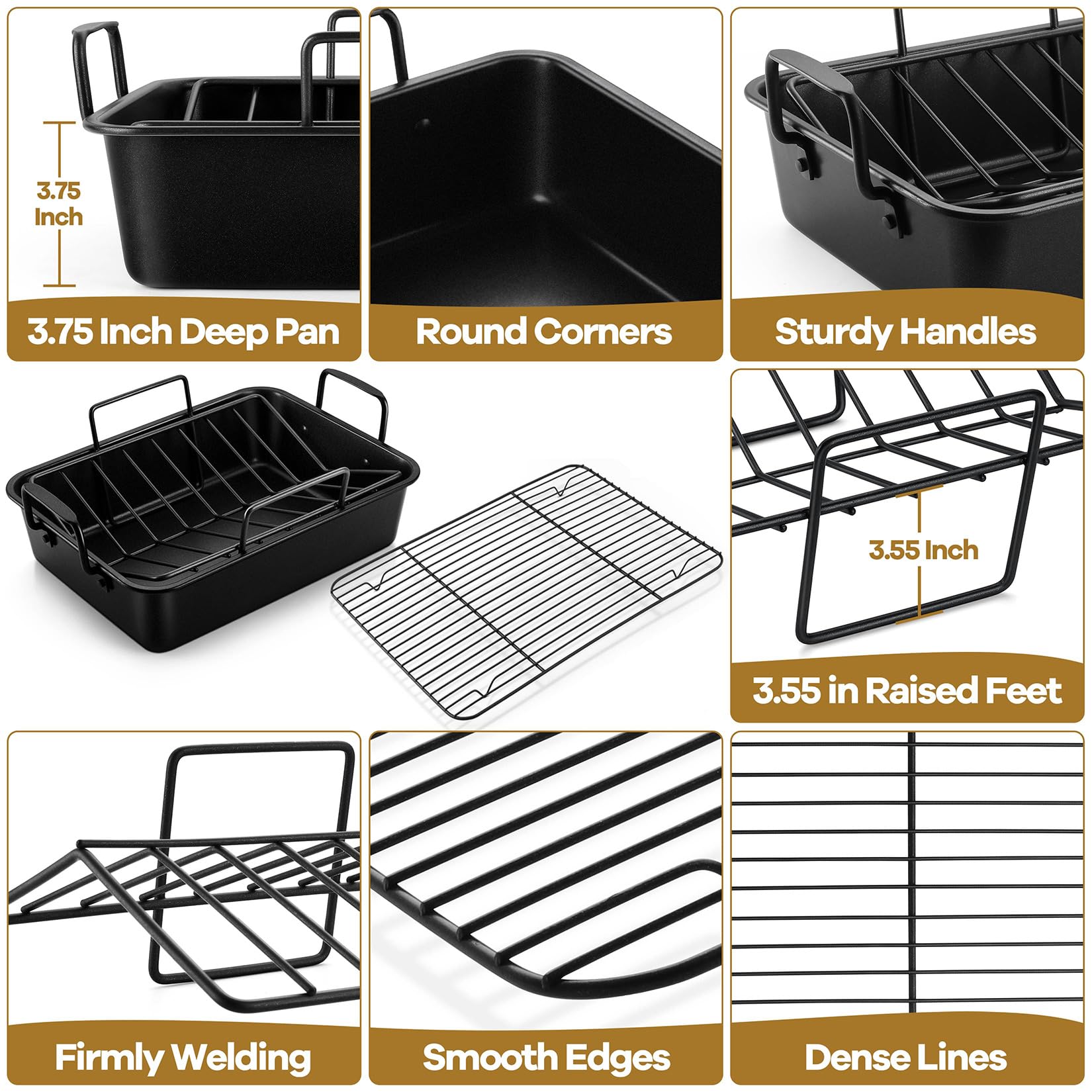 P&P CHEF 16" Roaster Roasting Pan with Baking Rack and V-shaped Rack, Stainless Steel Rectangular Lasagna Pan with Handles for Turkey Chicken, Healthy & Dishwasher Safe, 3 Pieces, Black