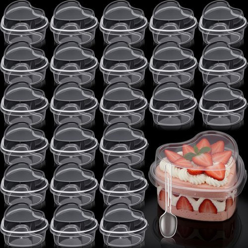 Potchen 24 Pack Heart Shaped Dessert Cups with Lids and Spoons 4 oz Mini Plastic Dessert Container Appetizer Parfait Cups Clear Shooter Container for Valentine Wedding Serving Party