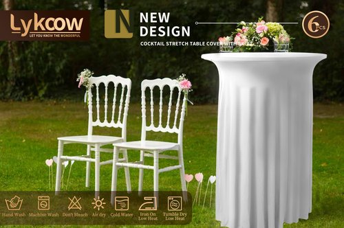 6 Packs Cocktail Table Covers White Cocktail Table Cloth 32"x 43" Spandex Stretch Small Round Tablecloth for 32in Table with Wavy Drapes Fitted High Top Table Cloth for Party Wedding Banquet Bar Table