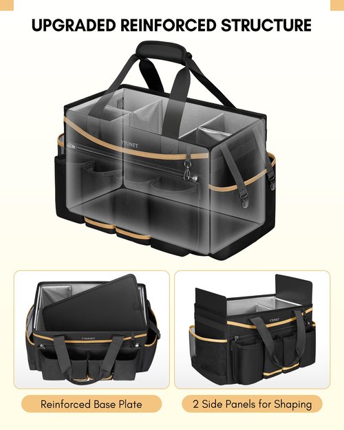 Ytonet Cleaning Caddy Bag with Detachable Apron, Extra Large Cleaning Supplies Organizer with Foldable Dividers, Portable Cleaner Tote with Handle, Cleaner Caddy for Housekeeper, Black