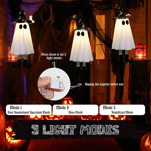 Halloween Decorations Outdoor,Set of 3 Halloween Hanging Spirits with Cone Caps, Swaying Glow Decor Lights for Yard Patio Lawn Garden Party Porch Decor