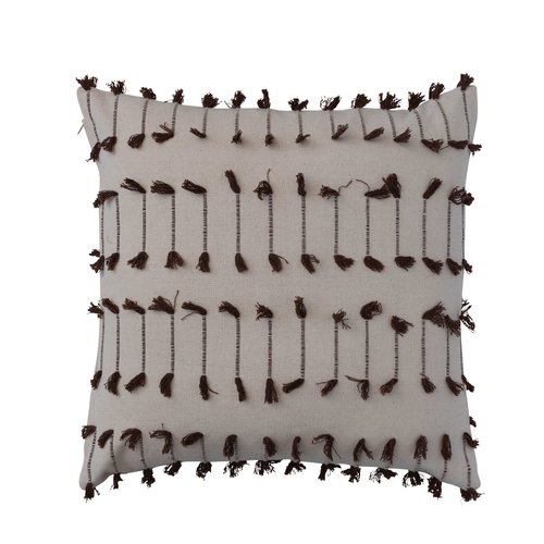 Creative Co-Op Woven Cotton Throw Pillow Cover with Tassel Embroidery, Natural and Brown