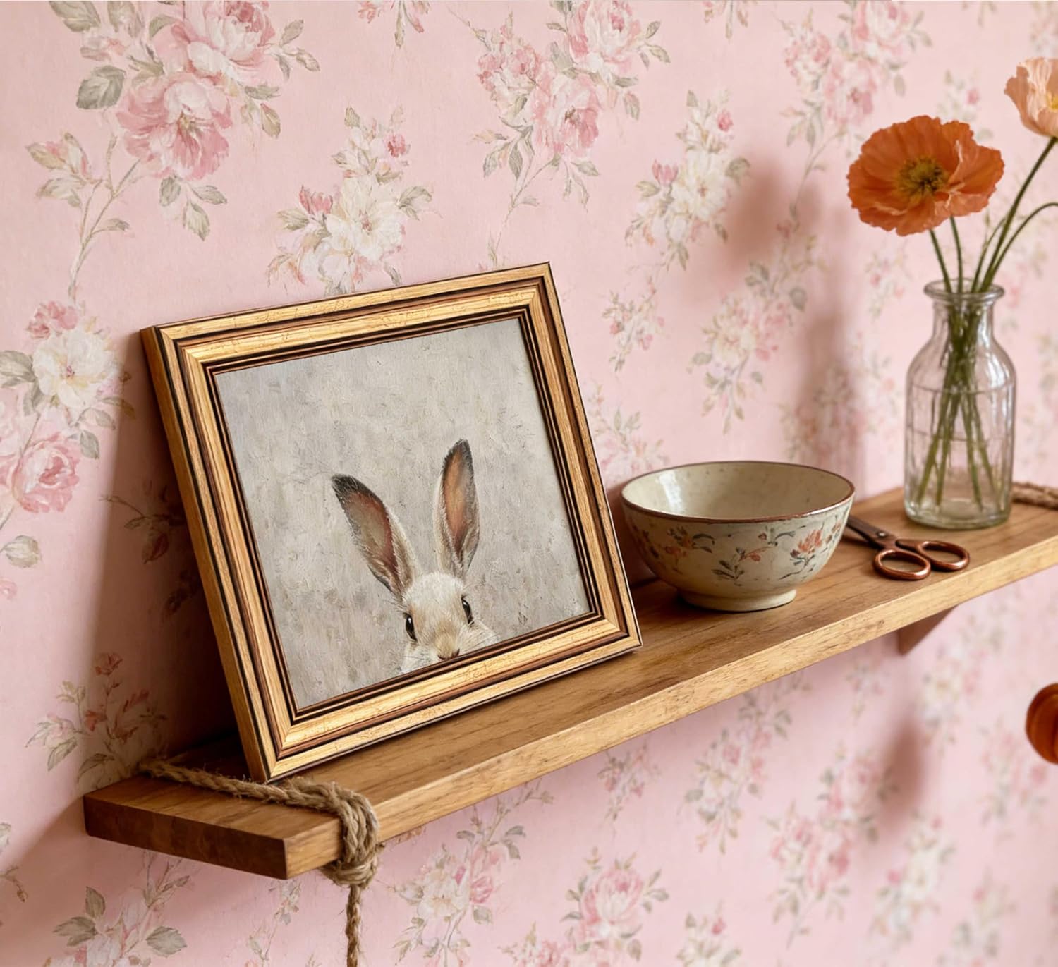 Regine Switzerland Vintage Gold Framed Bunny Canvas Wall Art - Rustic Rabbit Oil Painting 9x11in