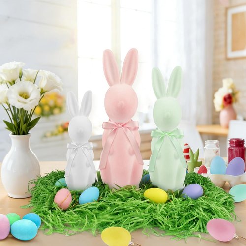 Letsroar Easter Bunny Decor Set - 3 Pack Flocked Bunnies (10", 13", 15") with Eggs & Grass | Spring Table Centerpiece