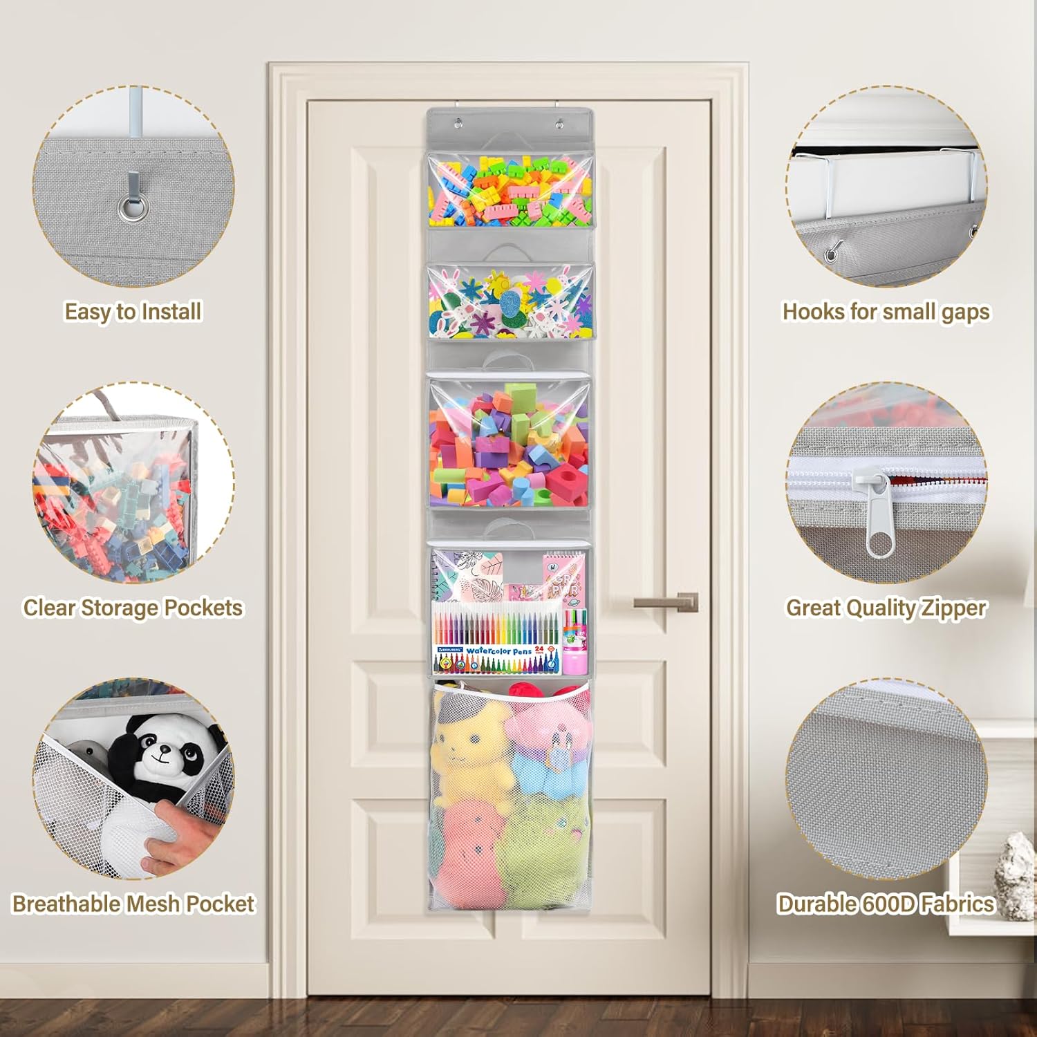 Woodoulogy Hanging Toy Storage - Over Door Stuffed Animal Organizer with 4 Removable Bags | Bi-Fold Closet Holder