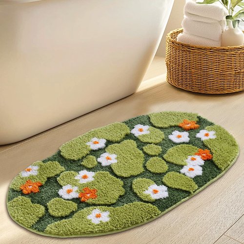 Naoloture Green Floral Moss Bathroom Rug Bath Mat, Ultra Thick Soft 3D Aesthetic Decor Cute Tufted Bath Rugs, Non Slip Absorbent Washable Moss Carpet for Shower Floor Sink Bedroom, 20x32 Inch