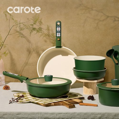 CAROTE 19-Piece Ceramic Cookware Set - Non-Stick, Non-Toxic, Detachable Handle | Induction & Dishwasher Safe, Green
