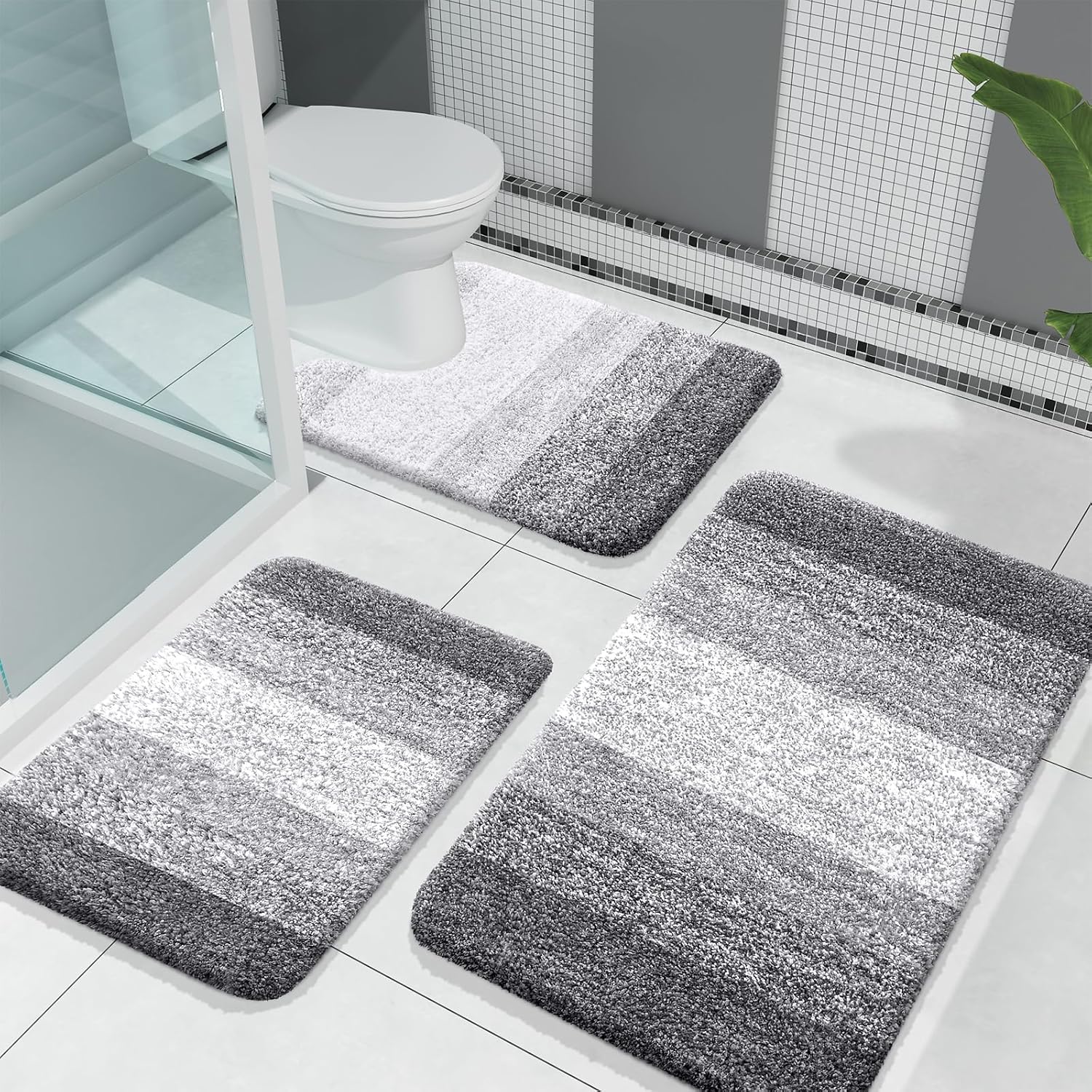OLANLY Bathroom Rug Set - Soft, Absorbent Microfiber Mats & U-Shaped Contour Rug | 3-Piece Grey Set (30"x20"+24"x16"+24"x20")