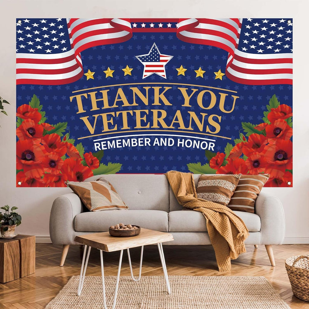 Red Poppies Veterans Day Banner - Thank You Veterans Decorations | 4th of July Patriotic Backdrop