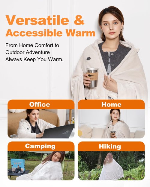 MIMYTH Cordless Heated Blanket with Hood, Rechargeable Wearable Heated Blanket Battery Powered with Lasting Battery, Portable Heated Throw Blanket with 9 Heating Zones & 3 Levels Adjustable, Camping
