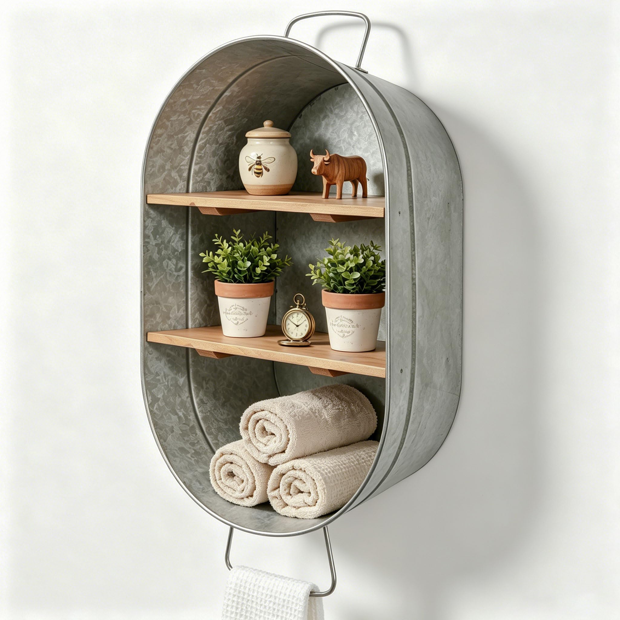 SOFE Galvanized Metal Wash Tub with Shelf, Small Oval Wall Shelf Country Bathroom Decor, 2 Tier Display Shelf Wall Mounted, Farmhouse Laundry, Floating Shelves Bathroom, Living Room