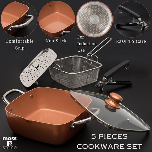 Moss & Stone Copper Chef Cookware Set - 5 Pcs Non-Stick Deep Frying Pan & Accessories | 5 Qt Induction Safe
