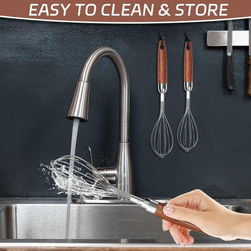 Stainless Steel Wire Whisk, Wooden Handle Kitchen Multi Function Non Stick Balloon Whisk Egg Beater for Blending Whisking, Beating, Frothing & Stirring Batters (10"L x 1.8"W)