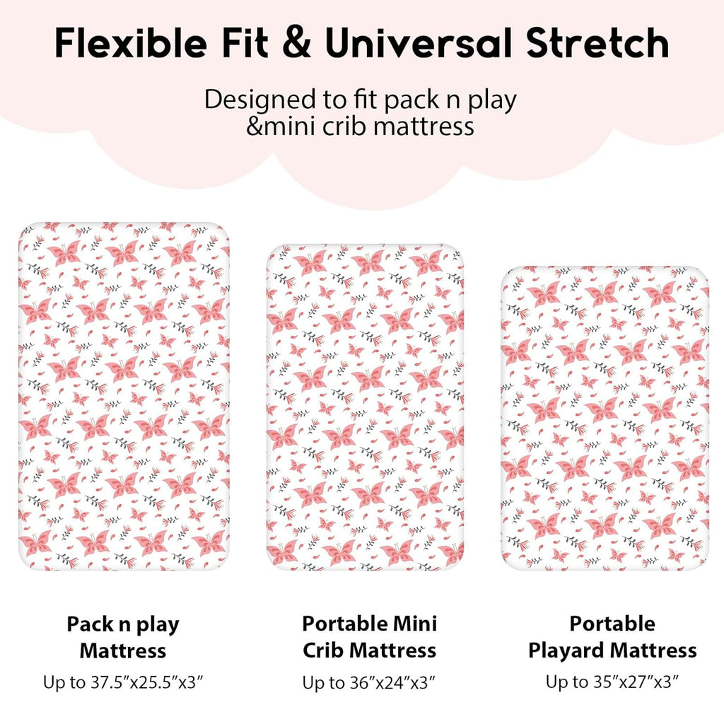 Yoofoss Fitted Pack and Play Sheets - Soft, Breathable Mini Crib Sheets 2-Pack (Pink & Butterflies)