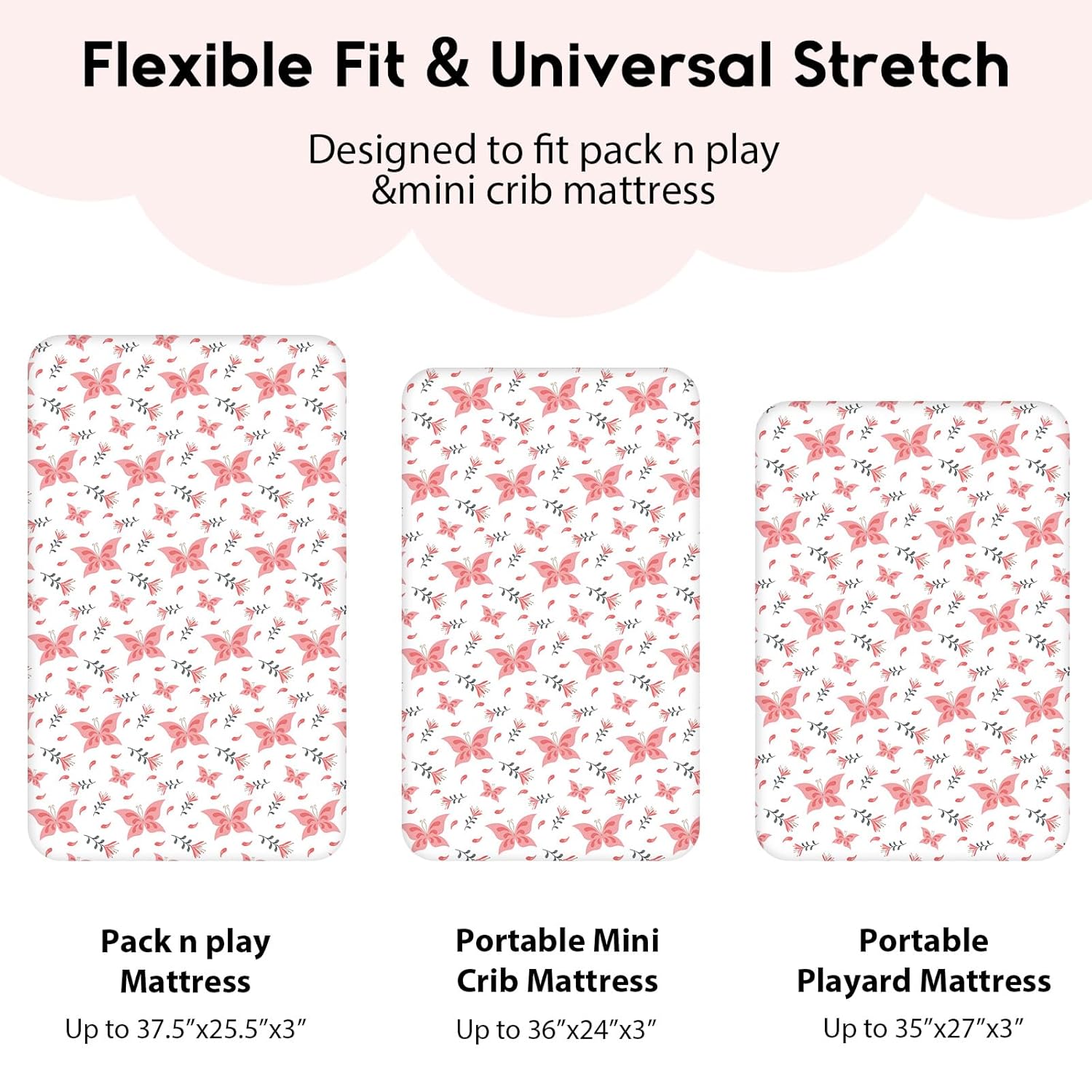 Yoofoss Fitted Pack and Play Sheets - Soft, Breathable Mini Crib Sheets 2-Pack (Pink & Butterflies)