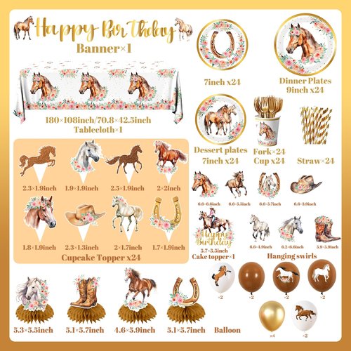 Cowgirl Birthday Party Decorations Tableware Set, Horse Party Supplies Includes Plates, Napkins, Cups, Banner, Hanging Swirl, Tablecloth, Cake Topper, for Girl Birthday Decorations, Serve 24