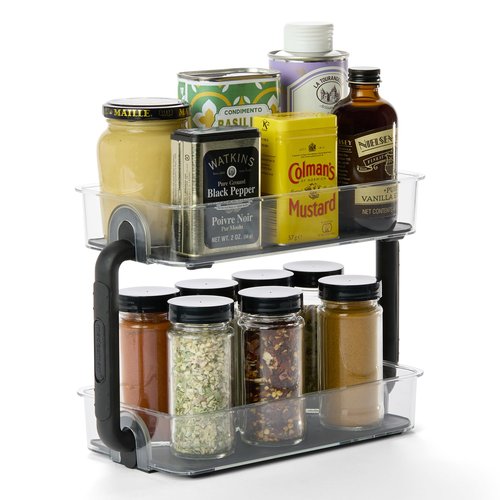 madesmart Tiered Spice Organizer, 8 Jars for Kitchen Essentials, Vertical Storage for Salt, Pepper, Cayenne, Soft-Grip Lining, Dual Handles, Smoke
